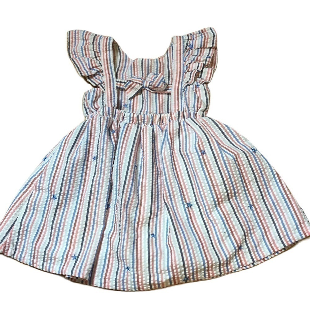 Cat & Jack Red White Blue Striped Dress 5T Stars Flutter Sleeves A-line Girls